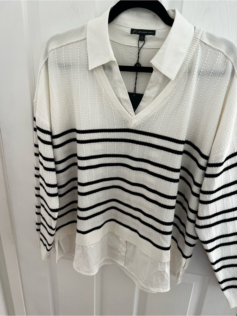 Adrianna Papell White V-Neck Layered Sweater with Black Stripes - Picture 2 of 14
